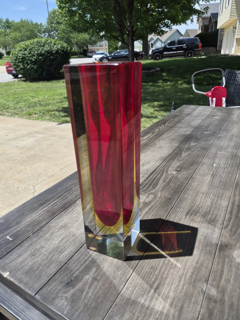 Murano Red and Yellow Tall Rectangular Glass Vase